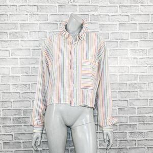 BANZO Women's 100% Linen Antique Ruffle Collar Boxy Shirt Striped multi sz XL